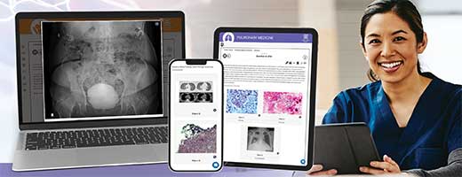 Clinician studying with SEEK on a laptop, tablet, and phone